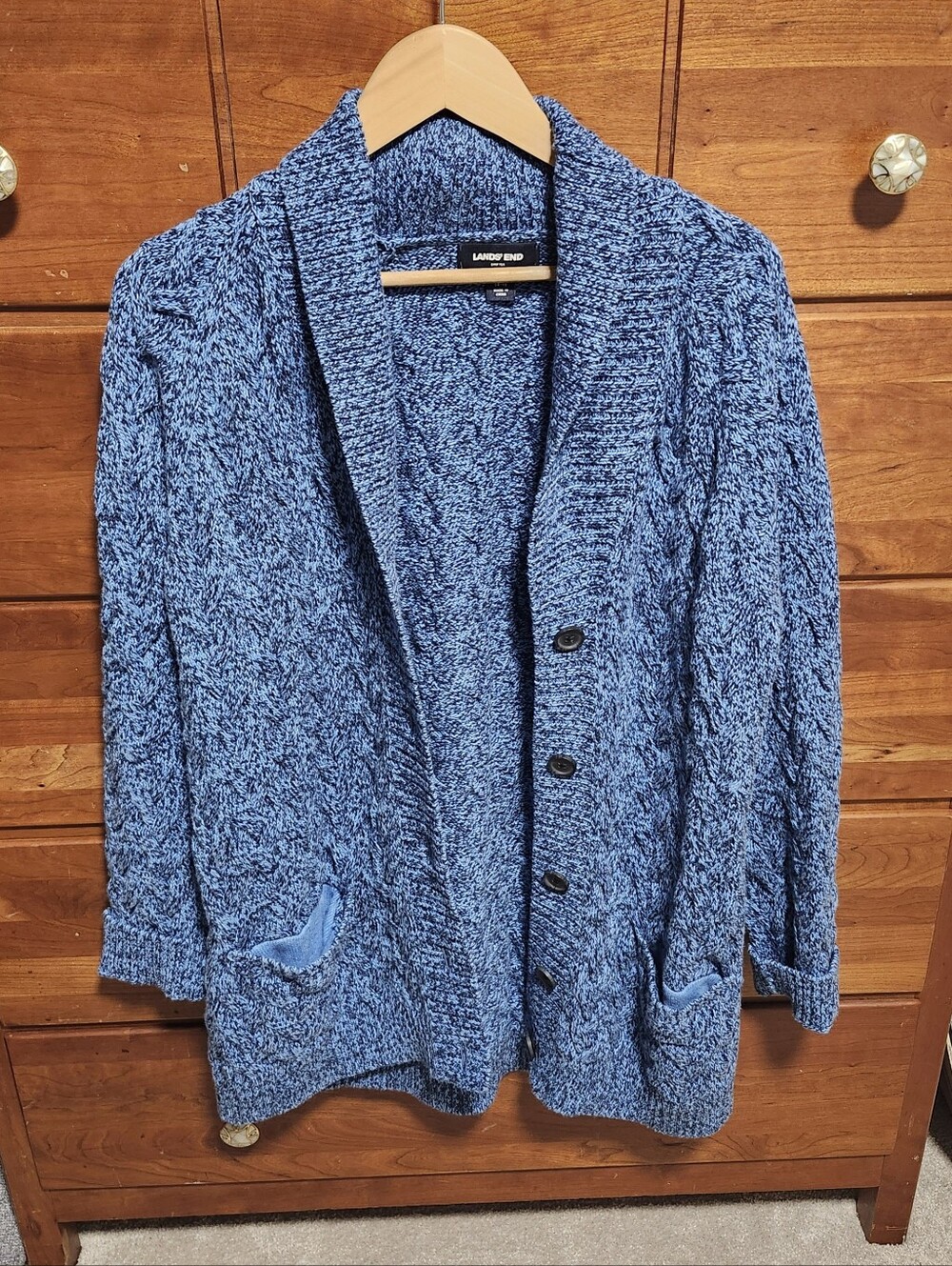 Lands End Drifter Blue Grandpa Cardigan 100% Cotton Cable Knit Size 14-16‎ EUC